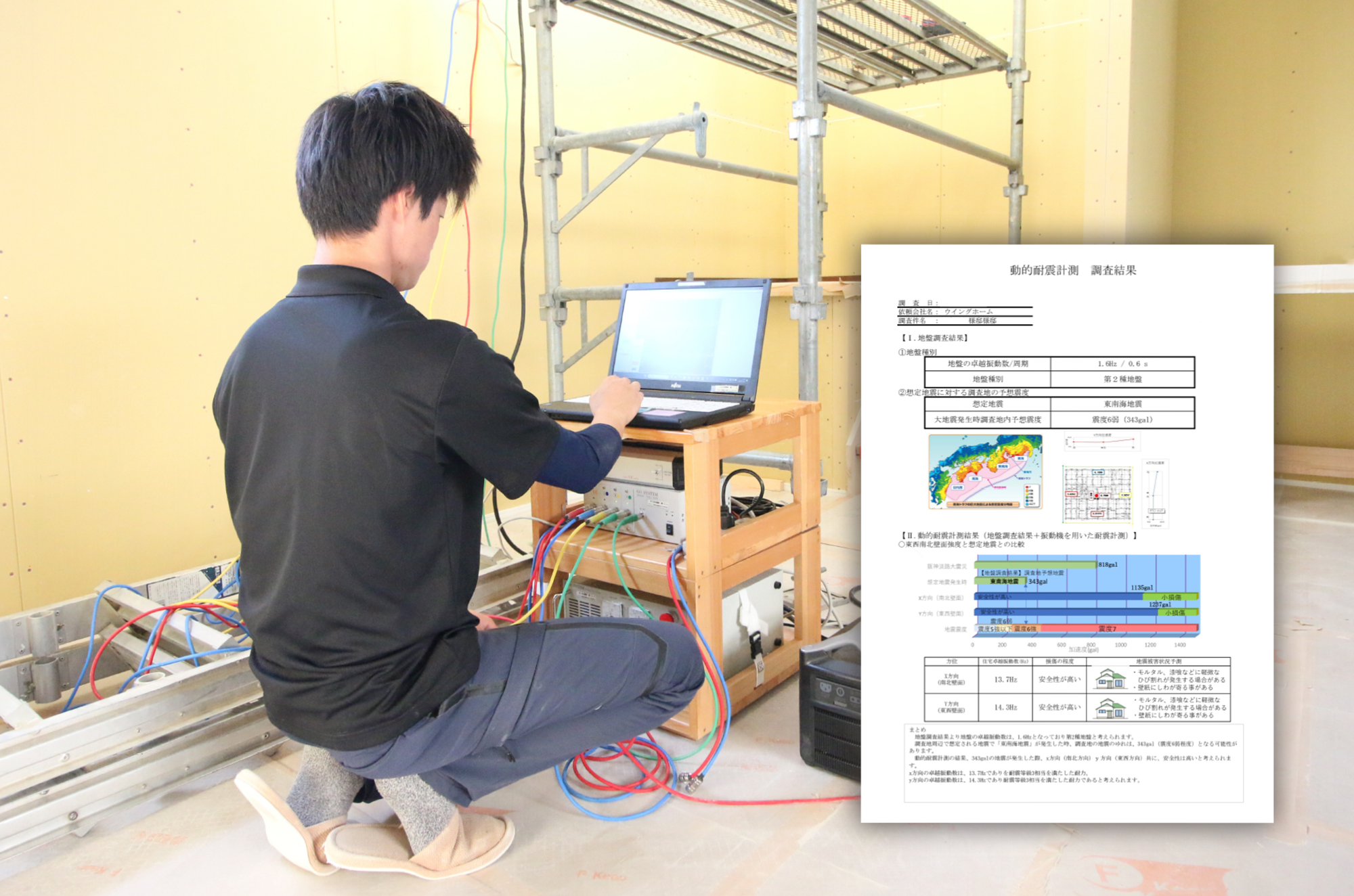 動的耐震計測を行う様子と調査結果レポート